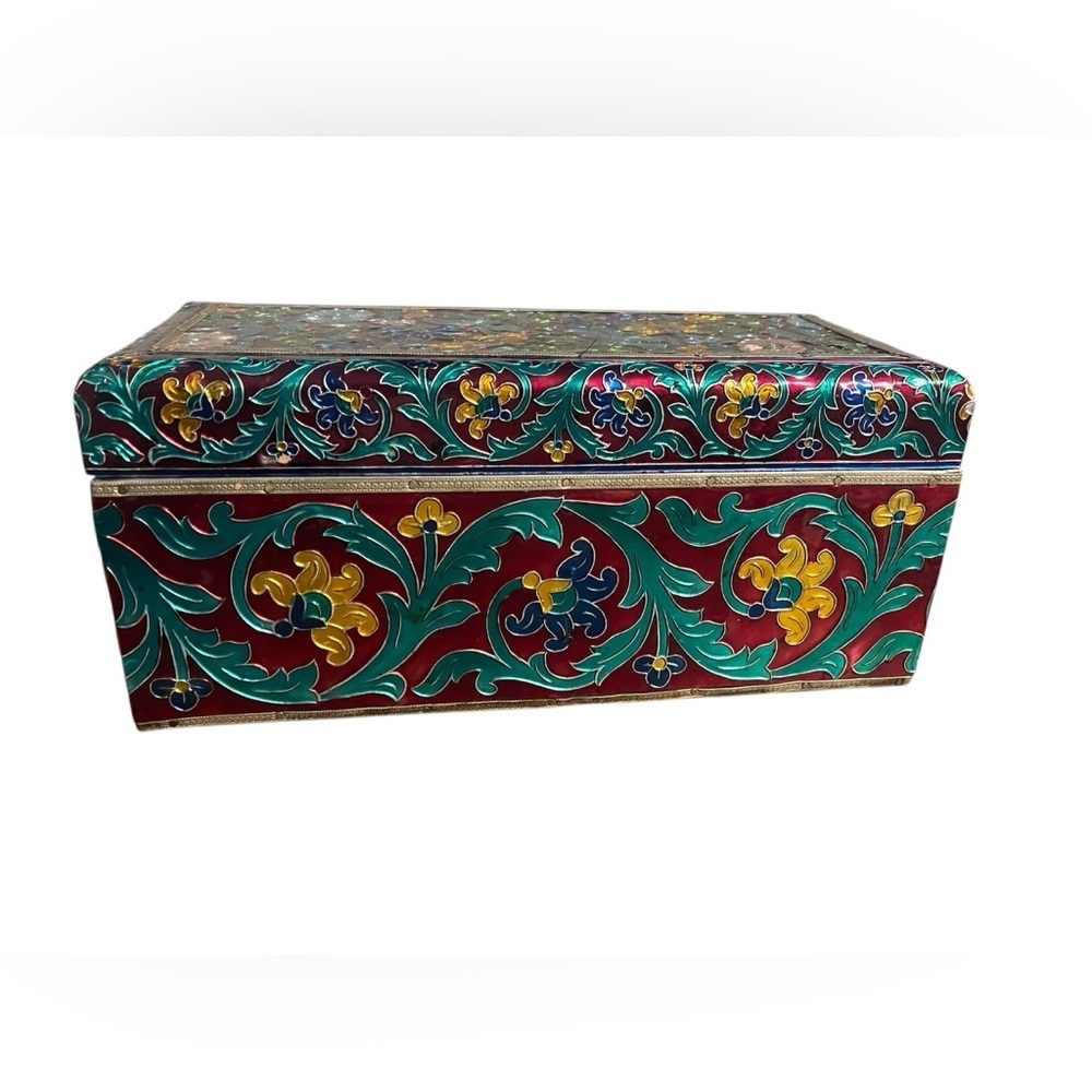 Handmade meenakari jewelry box from India,laminated sheet metal, painted enamel - Picture 3 of 9